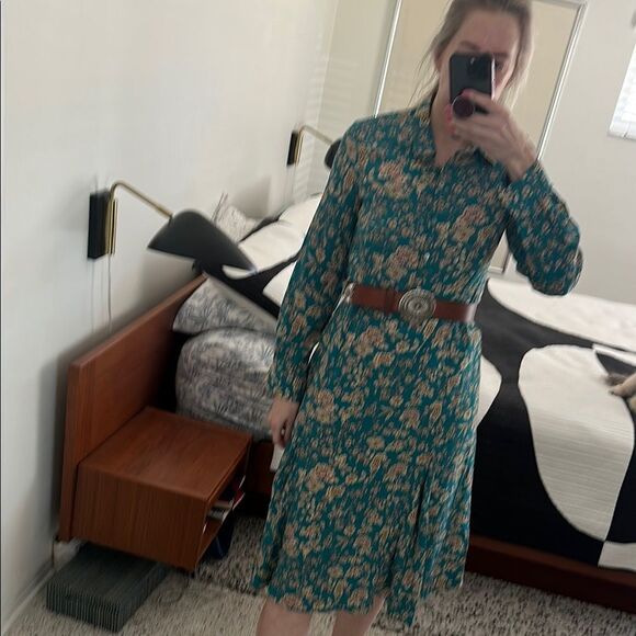 Really Wild 100% silk dress green floral midi 8 - Picture 3 of 8